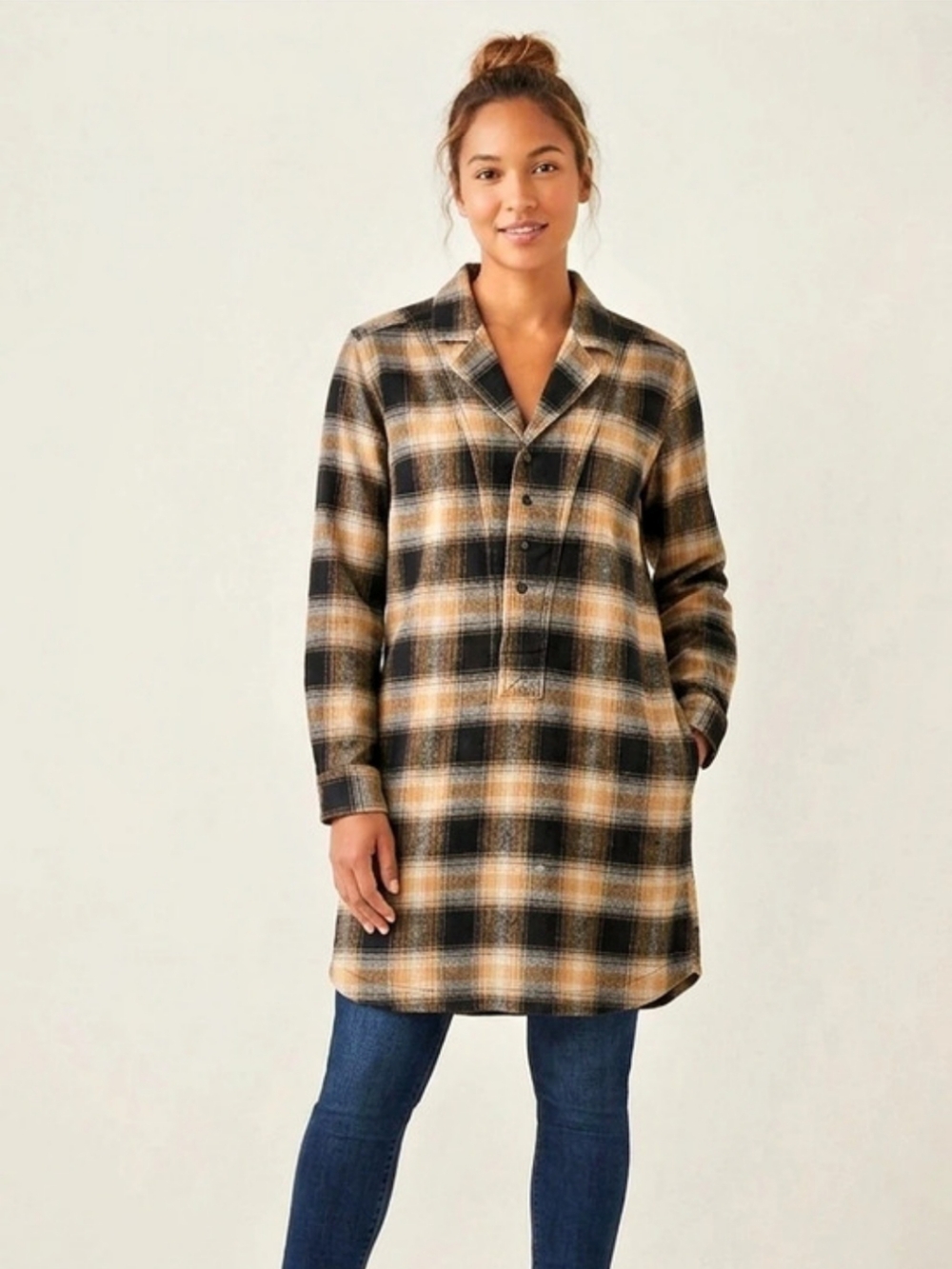 Roots Plaid Shirt Jacket Flannel Dress Pullover with Pockets Tan Black in Size L